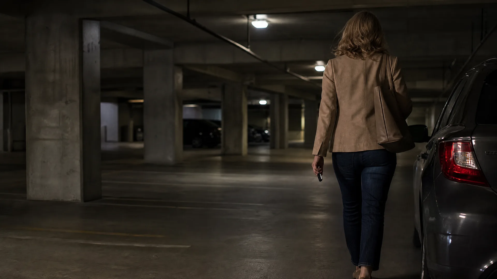 A woman in a tan jacket and jeans walks away from the camera through a dimly lit concrete parking garage, holding keys, with a dark SUV parked at right.