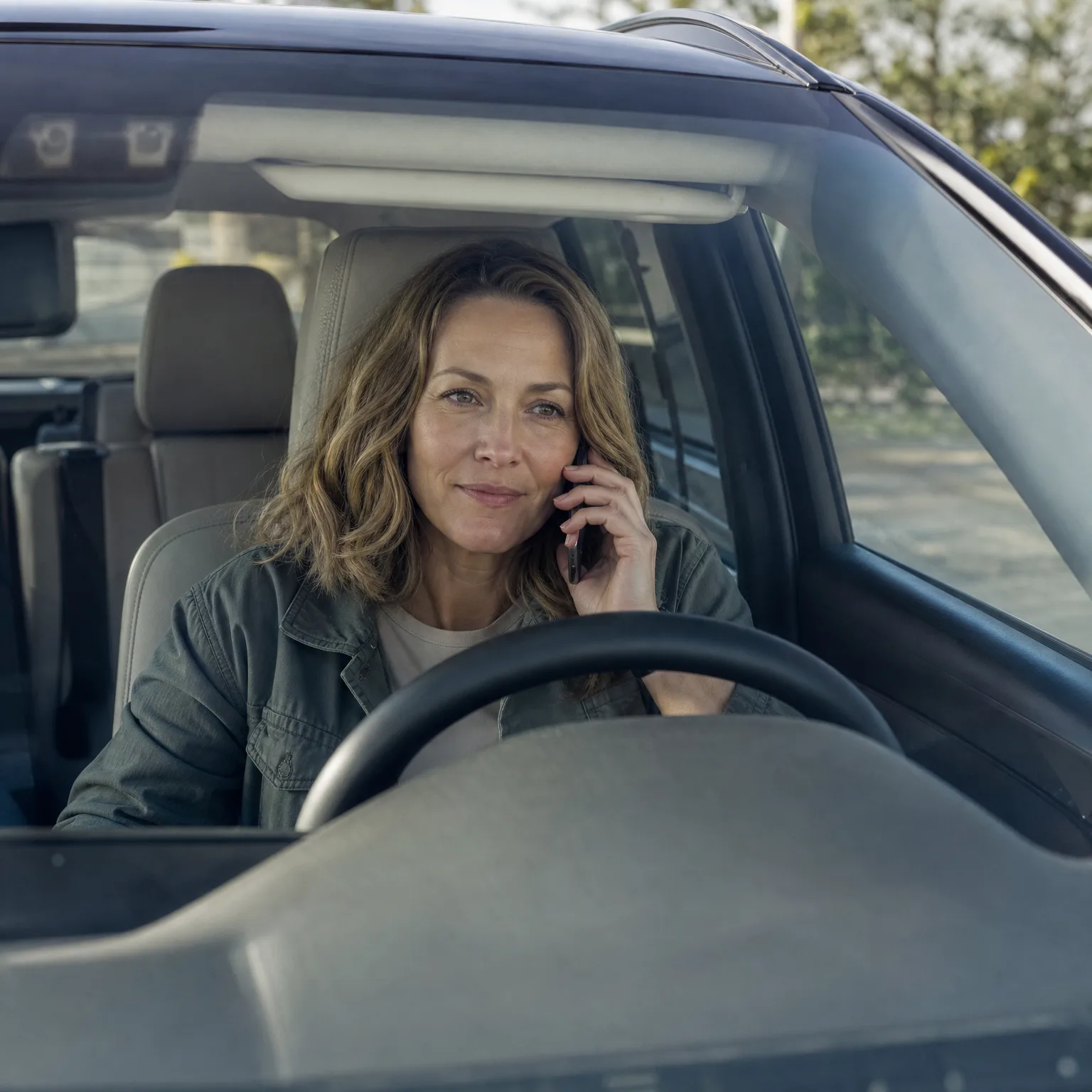 A woman with shoulder-length wavy blonde hair in a green jacket sits in the driver's seat of a parked car, holding a phone to her ear, seen through the windshield.